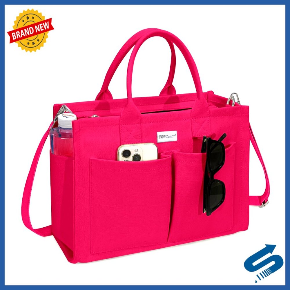 Heavy-Duty Canvas Tote Bag with 9 Pockets, Adjustable Strap, 14" Laptop Fit
